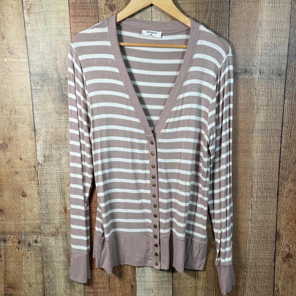 Zenana 1X Taupe Ivory Striped Snap Button Cardigan Soft Stretch Knit Ribbed Trim